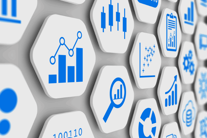 The concept "How to plan a social media campaign" depicted by white hexagons with blue graphics on them, including graphs, magnifying glass data points.