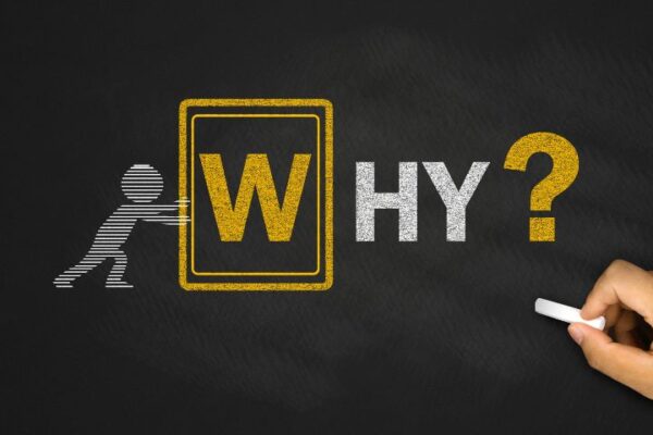 Why - question in chalkboard text with a stick figure and hand writing it in chalk, conceptual image about business or marketing inquiry.