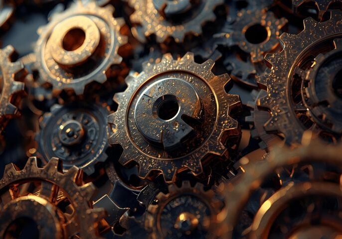 Mechanical gears illustrating business strategy and innovation, symbolising marketing agency efficiency and growth.