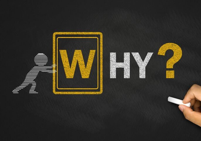 Why - question in chalkboard text with a stick figure and hand writing it in chalk, conceptual image about business or marketing inquiry.